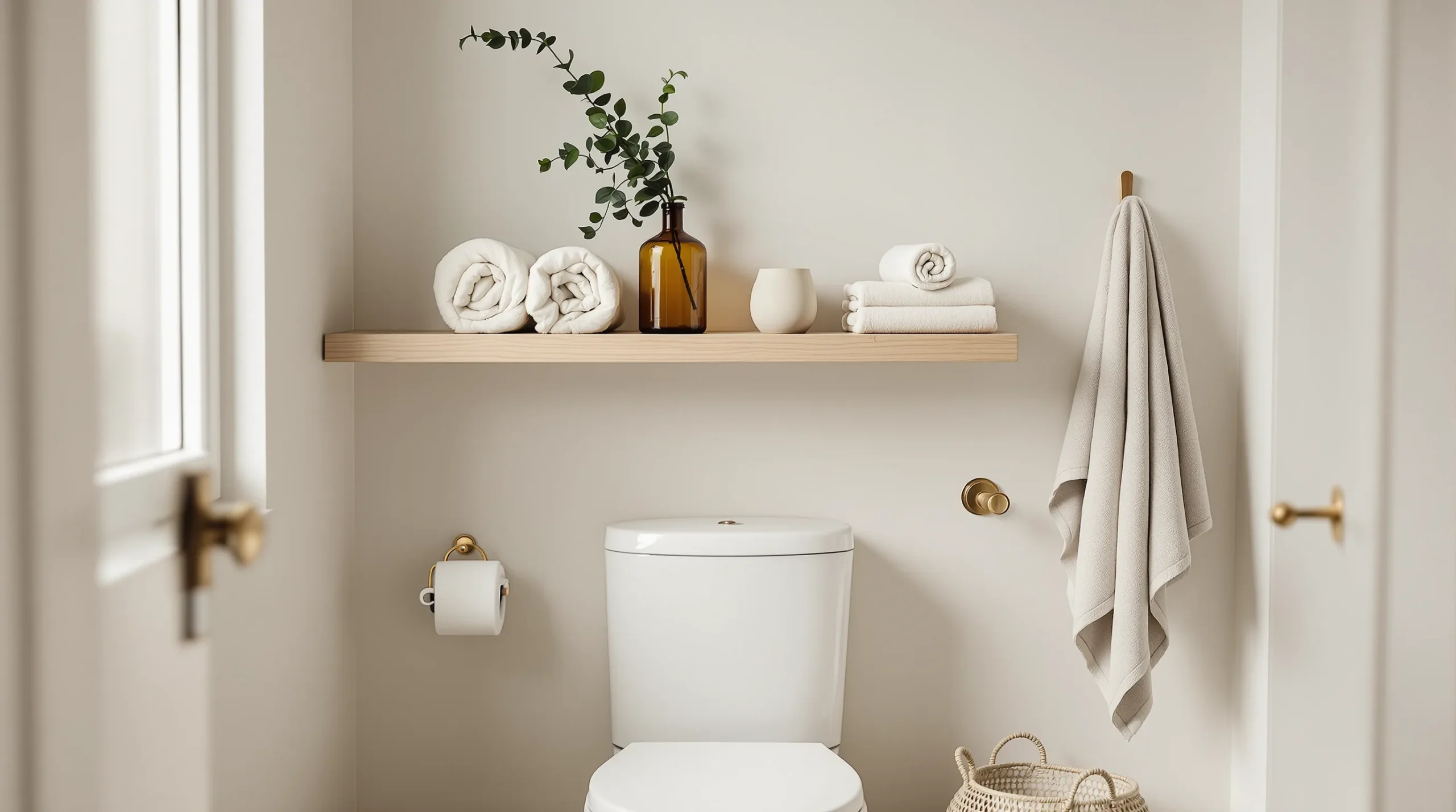 Japandi over-toilet shelf styled with rolled cream towels, a stoneware vase, and an amber bottle on light oak.
