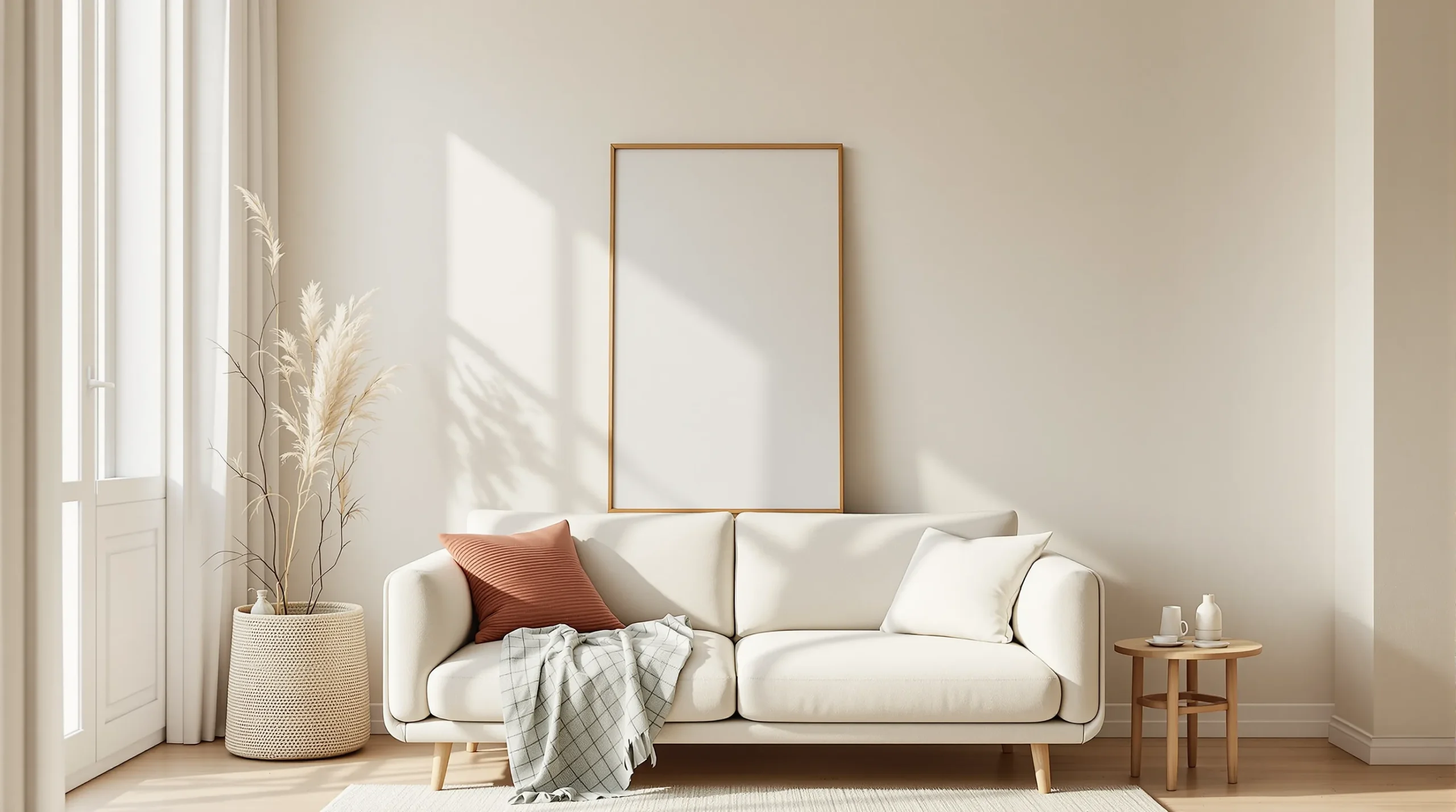 Renter-friendly living room wall with leaning art, an oak ladder shelf, and removable wallpaper.
