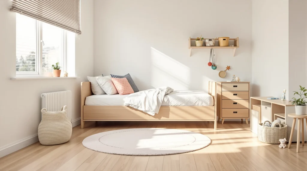 A warm-minimalist small kids' bedroom with a low bed, a dresser anchored to the wall, cordless blinds, and a soft play rug.