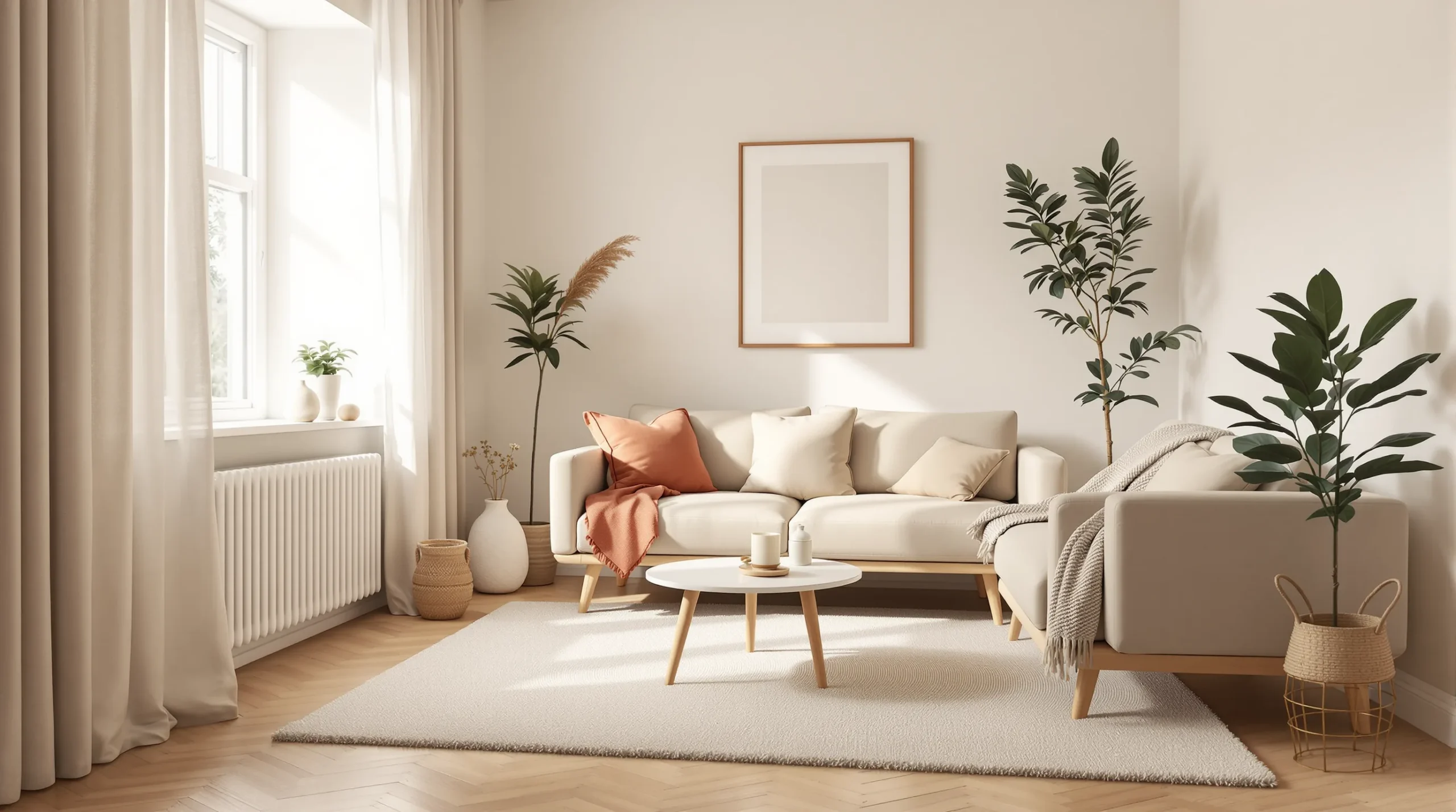 Correctly sized neutral rug extending beneath the front legs of a sofa in a small living room.