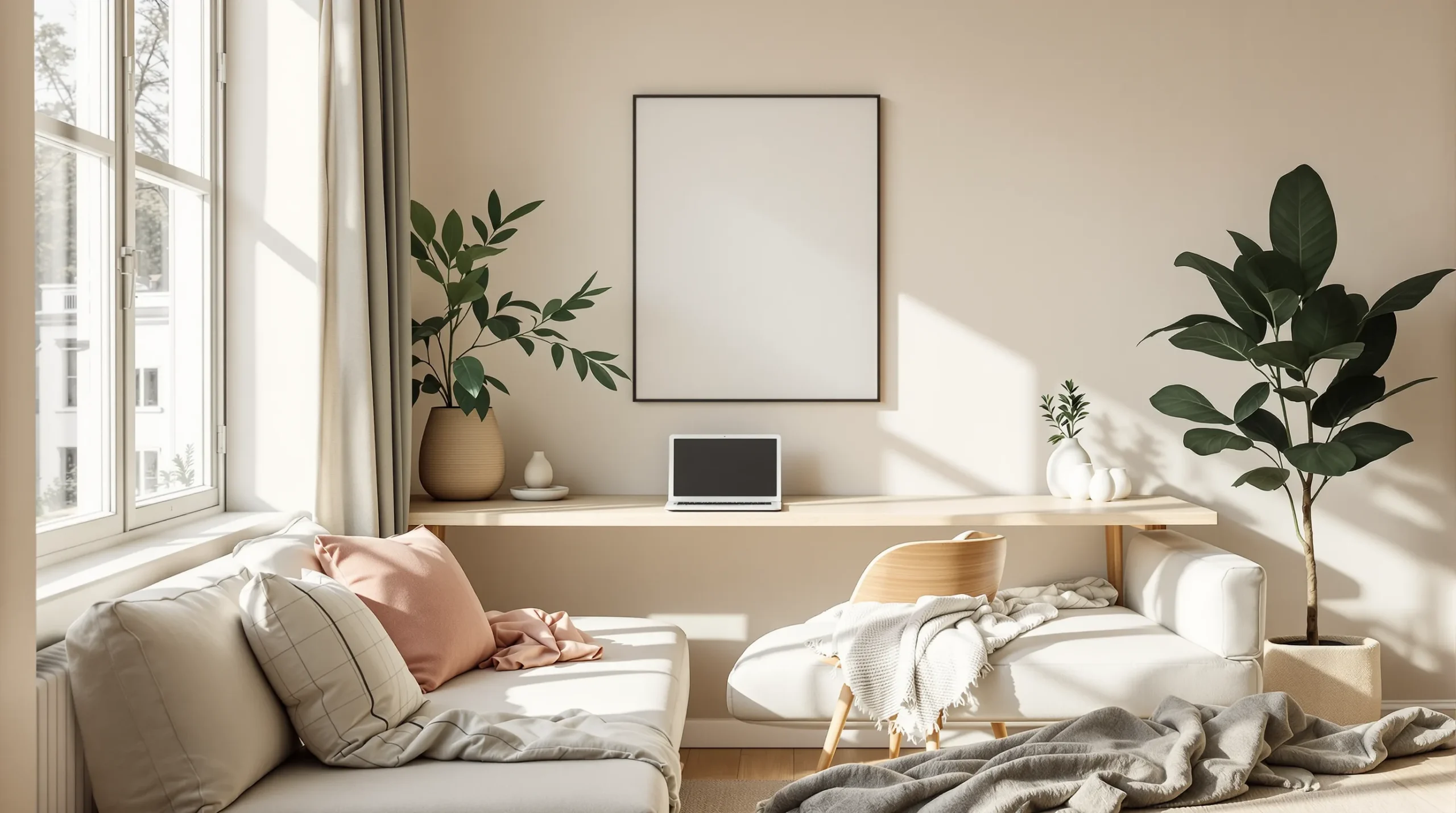 Compact desk floated perpendicular to the sofa as a divider in a studio home office.